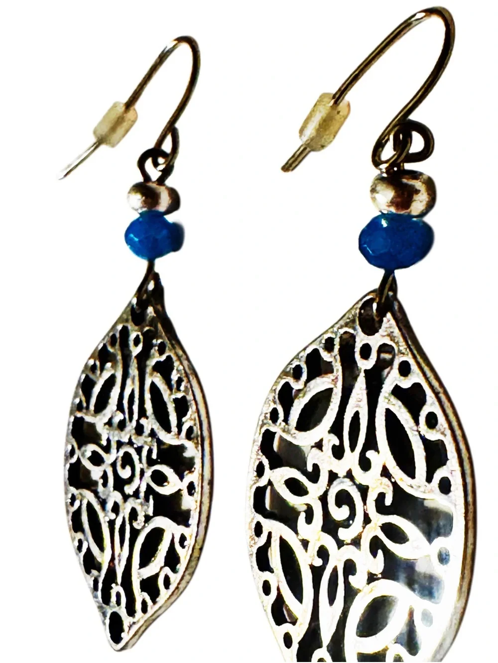 Filigree Leaf Drop Earrings with Blue and Silver Bead Accents